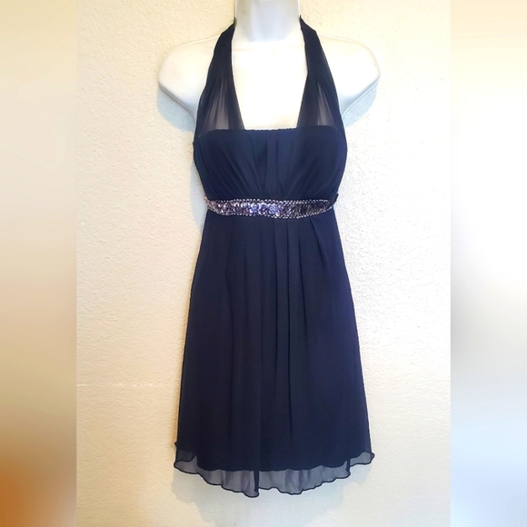 💚5/$25 Sweet Storm Dark Blue Retro Vintage Sequin Halter Cocktail Dress Medium - Picture 1 of 9